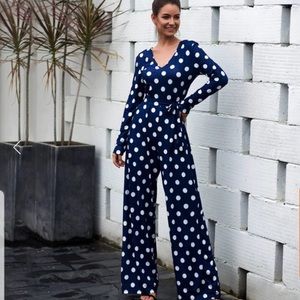 Women Polka Dot Navy One-Piece Casual Long Sleeves Wide Leg Pants Jumpsuit